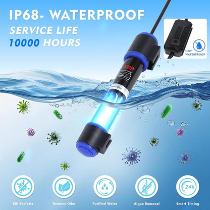 UV-C Aquarium Clean Light with Timer, Mini 3W 5W 7W 9W 11W Submersible Algae Clean Light Water Green Clean Fish Tank Water Clean Lamp for Sump Pond Filter Tank (11W Timer)