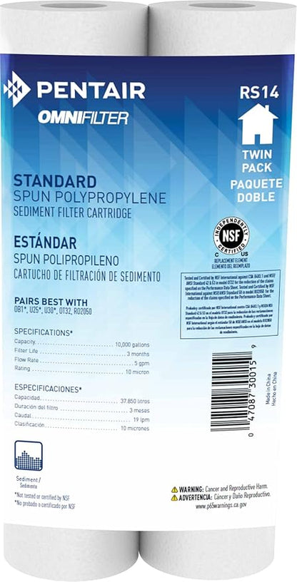Pentair OMNIFilter RS14 Sediment Water Filter, 10-Inch, Standard Whole House Polypropylene Spun Sediment Replacement Filter Cartridge, 10" x 2.5", 5 Micron, Pack of 2