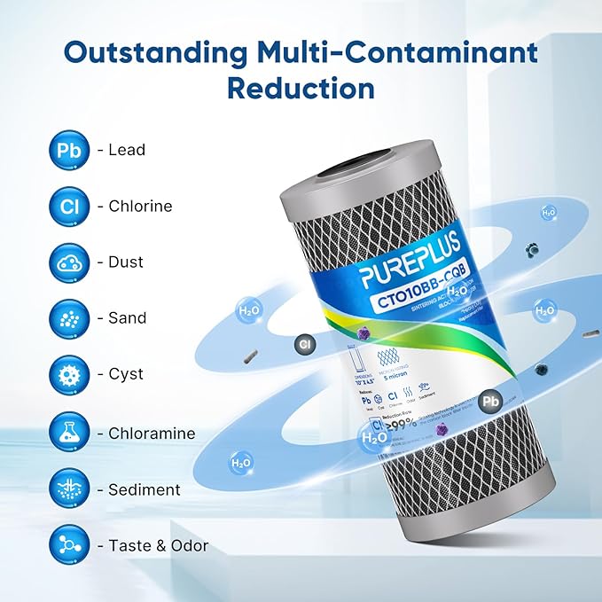 PUREPLUS 10" x 4.5" Whole House Carbon Water Filter Combo Pack, CTO10BB + CTO10BB-KDF + CTO10BB-CQB, 5 Micron, Lead & Heavy Metal Reduction, Fits GE GXWH40L, DuPont WFHDC8001, 3-Pack