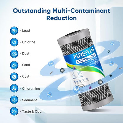 PUREPLUS 10" x 4.5" Whole House Carbon Water Filter Combo Pack, CTO10BB + CTO10BB-KDF + CTO10BB-CQB, 5 Micron, Lead & Heavy Metal Reduction, Fits GE GXWH40L, DuPont WFHDC8001, 3-Pack