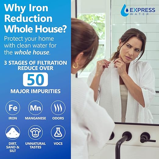 Express Water Whole House Water Filter System, Iron & Manganese 3 Stage Whole Home Filtration, Water Filter Removes Stains on Glassware, Fixtures, Laundry, Reduces Iron & Manganese for Well Water