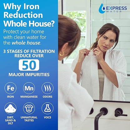 Express Water Whole House Water Filter System, Iron & Manganese 3 Stage Whole Home Filtration, Water Filter Removes Stains on Glassware, Fixtures, Laundry, Reduces Iron & Manganese for Well Water