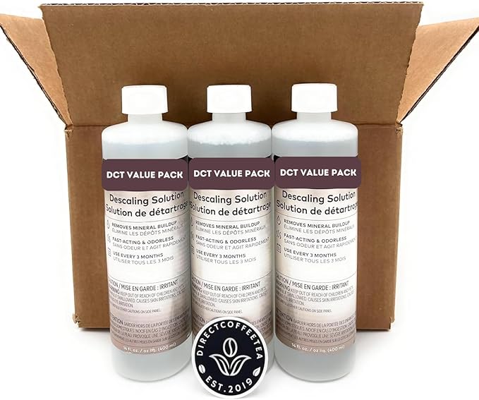 Descaling Solution Pack of 3 (14 fl oz Each) for Single Serve Coffee Machines with Complimentary Direct Coffee Tea Est 2019 Brand Sticker