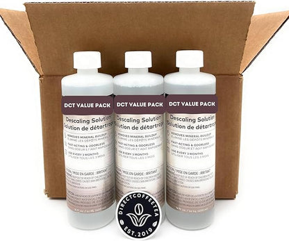 Descaling Solution Pack of 3 (14 fl oz Each) for Single Serve Coffee Machines with Complimentary Direct Coffee Tea Est 2019 Brand Sticker