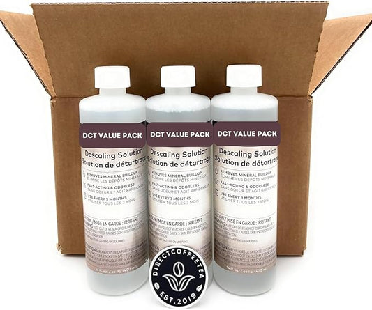 Descaling Solution Pack of 3 (14 fl oz Each) for Single Serve Coffee Machines with Complimentary Direct Coffee Tea Est 2019 Brand Sticker
