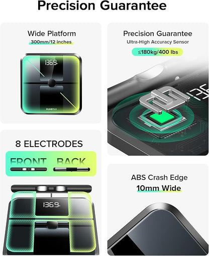 RunStar Smart Scale for Body Weight, Full-Body Bathroom Scale with 8 Electrodes for BMI, Muscle Mass, 3-Metric Display, High-Accuracy Body Composition Monitor with 28 Metrics & App Connectivity Black