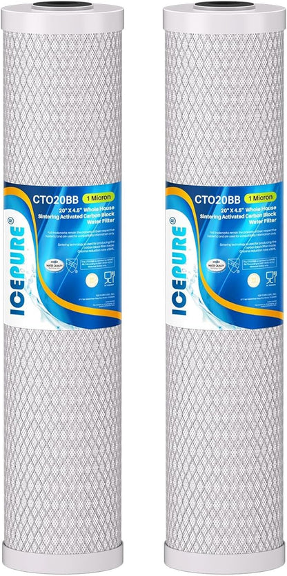ICEPURE 1 Micron 20" x 4.5" inch Carbon Filter Cartridge, Coconut Shell CTO Big Blue Filter, Whole House Carbon Block Replacement Cartridge with FC25B,CTO20BB, WHB20,EPM-20BB,155783-43,CB-BB-20 2 Pack