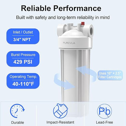 PFW10 Whole House Water Filter Housing, Fits 10” x 2.5” Big Filters, Inline Pre-Filtration System for RV, Home Well and City Water Sediment etc with 3/4" NPT Port, Pressure Relief Valve