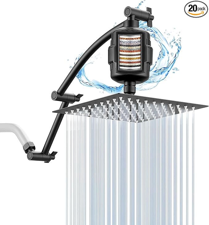 Shower Head with Filters, Stainless Steel Rain Filtered Shower Head, High Pressure Shower Head with 16" Shower Extension Arm - 20 Stage Shower Filter for Hard Water - 12" Black