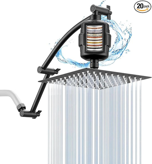 Shower Head with Filters, Stainless Steel Rain Filtered Shower Head, High Pressure Shower Head with 16" Shower Extension Arm - 20 Stage Shower Filter for Hard Water - 12" Black