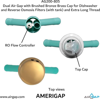 Dual Air Gap with Brushed Bronze Brass Cap for Dishwasher and Reverse Osmosis Filters (with tank) and Extra Long Thread (AG200-805, AG200-X05, AMERIGAP)