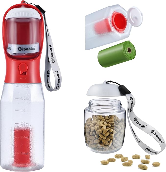 Cibaabo Dog Water Bottle with Food Container & Poop Bag Holder & Filter | Travel Water Bowl, Portable Pet Dispenser, Dog Gifts, Puppy Essentials for Walking Hiking