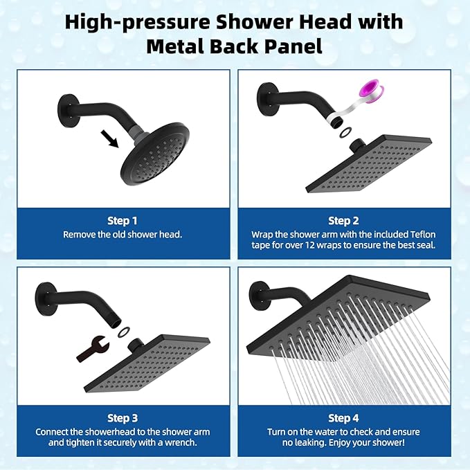 Hibbent cUPC Certified Metal Rain Shower Head, 6'' High Pressure Rainfall Shower Head, Square Bathroom Waterfall Shower Heads, High Flow Fixed Showerheads with Adjustable Brass Ball Joint, Matte Black