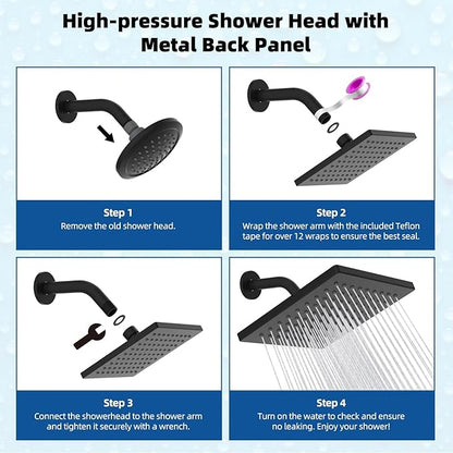 Hibbent cUPC Certified Metal Rain Shower Head, 6'' High Pressure Rainfall Shower Head, Square Bathroom Waterfall Shower Heads, High Flow Fixed Showerheads with Adjustable Brass Ball Joint, Matte Black