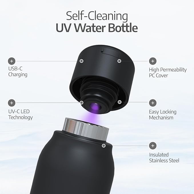 UVBRITE UV self-Cleaning and Water-Purifying Bottle TT-B02-18.6 Ounce Insulated Rechargeable Stainless-Steel Tumbler with Safety Lock Prevents Accidental Exposure Ideal for Outdoor and Emergency use