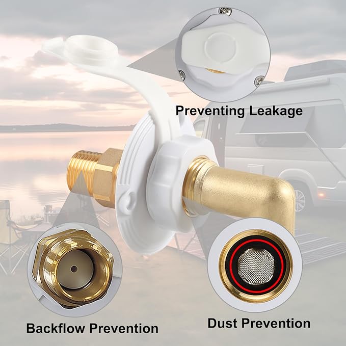 RV City Water Inlet with Check Valve – RV Water Inlet Connection, RV Water Fill Inlet with 3/4" NH Female to 1/2" NPT Male, Ideal for RV, Travel Trailers, Camping, and Boats in White (with Hose Elbow)