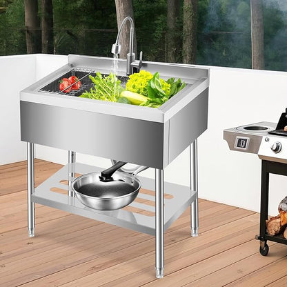 Garvee 36" Stainless Steel Utility Sink Workstation with Faucet, Adjustable Height Freestanding Sink with Storage Drawer, Knife Rack, Hooks & Drain Kit for Kitchen, Laundry, Garage, or Outdoor Use