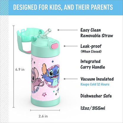 THERMOS FUNTAINER Water Bottle with Straw - 12 Ounce - Kids Stainless Steel Vacuum Insulated Water Bottle with Lid, Stitch