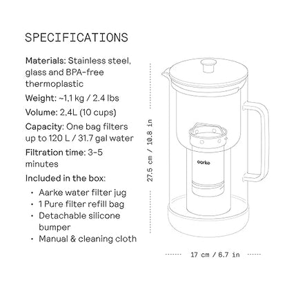 Aarke Purifier - Premium Glass and Stainless Steel Water Filter Pitcher, Refillable Filter System and Granules, 2.4L Pitcher with 1.18L Filtration Capacity