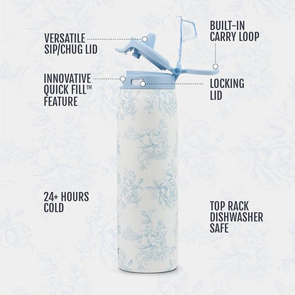 Ello Pop & Fill 22oz Stainless Steel Water Bottle with QuickFill Technology, Double Walled and Vacuum Insulated Metal, Leak Proof Locking Lid, Straw and Chug, Reusable, BPA Free, Porcelain Rose
