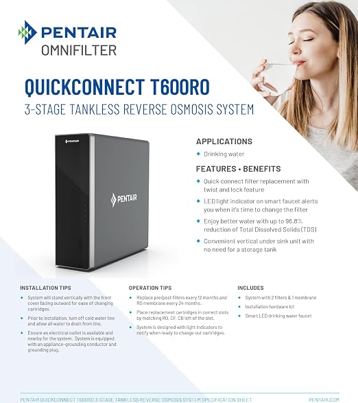 Pentair OMNIFilter QuickConnect ROM-24M Reverse Osmosis Membrane, For Use in OMNIFilter T600RO 3-Stage Tankless RO System | Quick-Connect RO Membrane Delivers Up to 96.8% TDS Reduction, NSF/ANSI 58 Certified, Replace Every 24 Months