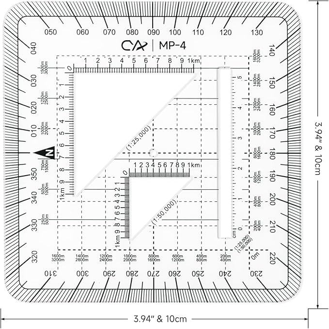 CYA MP-4 10x10cm Square Military Map Protractor - Flexible UTM Scale Tool | Flexible 10x10cm MP-4 map protractor. Features 1mm plastic, 1:25k & 1:50k scales, cutouts & rounded pocket-friendly corners.