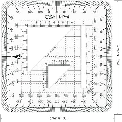 CYA MP-4 10x10cm Square Military Map Protractor - Flexible UTM Scale Tool | Flexible 10x10cm MP-4 map protractor. Features 1mm plastic, 1:25k & 1:50k scales, cutouts & rounded pocket-friendly corners.