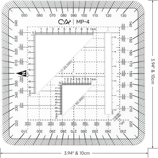 CYA MP-4 10x10cm Square Military Map Protractor - Flexible UTM Scale Tool | Flexible 10x10cm MP-4 map protractor. Features 1mm plastic, 1:25k & 1:50k scales, cutouts & rounded pocket-friendly corners.
