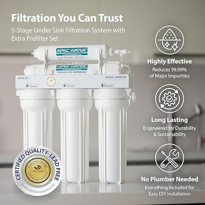 APEC Water 5-Stage Under Sink Reverse Osmosis Water Filter System with Extra High Capacity Pre-Filter Set, Essence Series, WQA Certified, 50 GPD, Removes 99.99% of Contaminants, Home Water Filtration