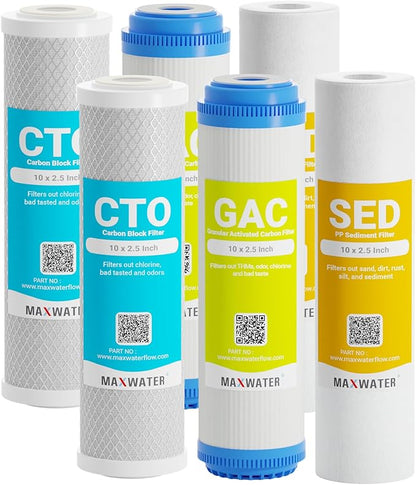 Max Water 5 Micron Replacement 10 x 2.5 inch Filter Cartridge Set For Standard RO Reverse Osmosis Water Filter Systems - PP Sediment, GAC & CTO Compatible with GAC-10, AP110, WHKF-GD05, WHKF-WHWC