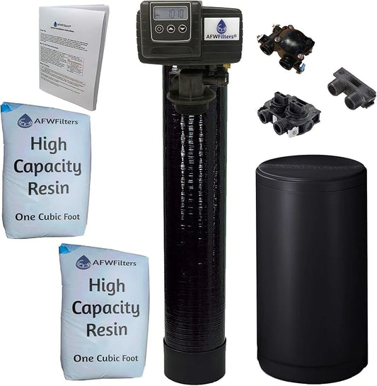 AFWFilters 2 cubic Foot (64k) Whole Home Water Softener with High Capacity Resin, 1" Plastic MNPT Connection, and Black Tanks