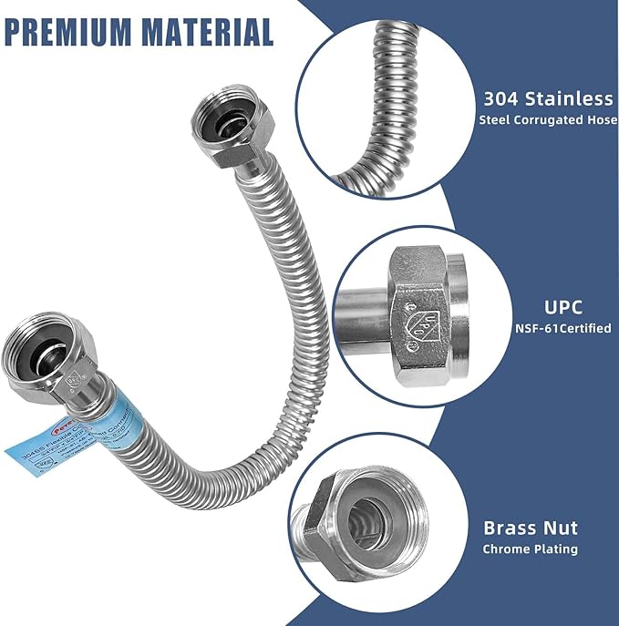2 PACK Plus 1 inch Flexible Water Line, Water Heater Hose 1"FIP x 1" FIP x 24" Length, Stainless Steel Corrugated Water Heater Connector, Softener Flex Hose For Tankless (ID 0.95")