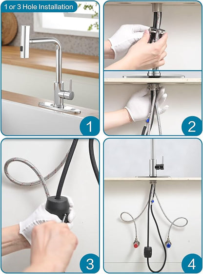 Kitchen Faucets with Pull Down Sprayer,Waterfall Kitchen Sink Faucet,Commercial Utility Stainless Steel Kitchen Faucets,Single Handle Kitchen Sink Faucet with Pull Down Sprayer for 3 Function