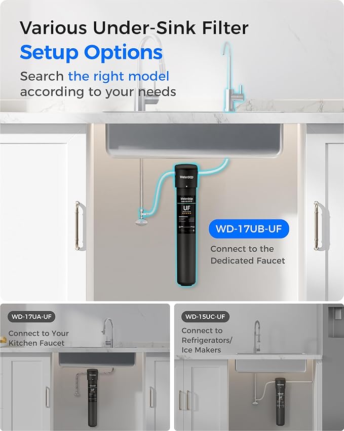 Waterdrop 17UB-UF 0.01 μm Ultra Filtration Under Sink Water Filter System, Reduces Lead, Chlorine, Bad Taste & Odor, 3 Years, with Dedicated Brushed Nickel Faucet, USA Tech