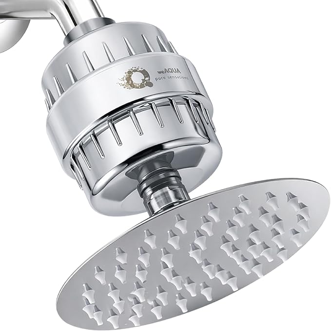 weAQUA SteelRain Filtered Shower Head – 6" Solid Metal Rainfall Shower Head with Shower Filter, Dermatologist Recommended for Softer Skin, Hair, 99% Removal of Chlorine, Fluoride, Heavy Metals