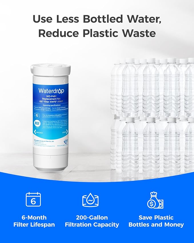 Waterdrop Water Filter Replacement for GE® XWFE®, Built-in Chip, 3 Pack | Replacement for GE® XWF, Compatible with GNE27, GFE26, GDE25, GSS25 and PSE25 Series Refrigerators, NSF 42 & 372 Certified