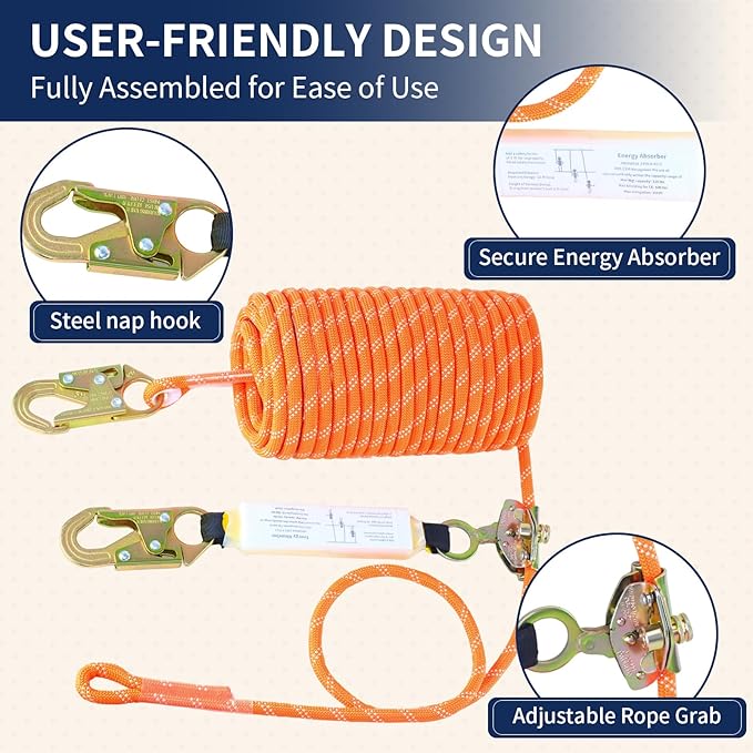 50FT Vertical Lifeline Assembly, 310LBS Capacity Fall Protection Safety Rope, Roofing & Tree Climbing Line Kit with Grab Hooks, Snap Hooks and Shock Absorber
