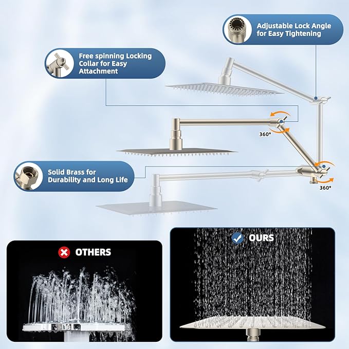 All Metal Rain Shower Head, 10” High Pressure Rainfall Shower Head with Handheld, 5" Large Handheld Showerhead Powerul Wash 10-Spray, 16" Shower Extension Arm Adjustable Height/Angle, Brushed Nickel