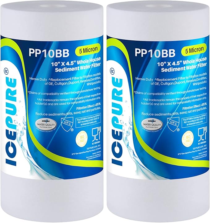 ICEPURE Whole House Sediment Water Filter 5 Micron 10" x 4.5" Compatible with Culligan RFC-BBSA, W15-PR, HD-950, WFHD13001B, GXWH35F, GXWH30C, 3M Aqua-Pure AP817, Whirlpool WHKF-GD25BB, PP10BB 2PACK