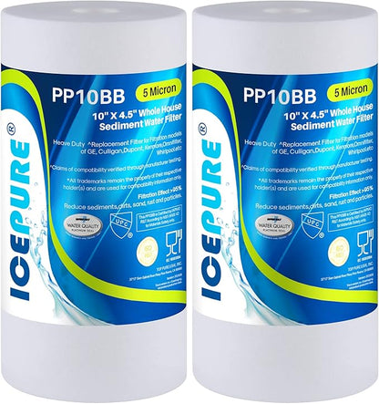ICEPURE Whole House Sediment Water Filter 5 Micron 10" x 4.5" Compatible with Culligan RFC-BBSA, W15-PR, HD-950, WFHD13001B, GXWH35F, GXWH30C, 3M Aqua-Pure AP817, Whirlpool WHKF-GD25BB, PP10BB 2PACK