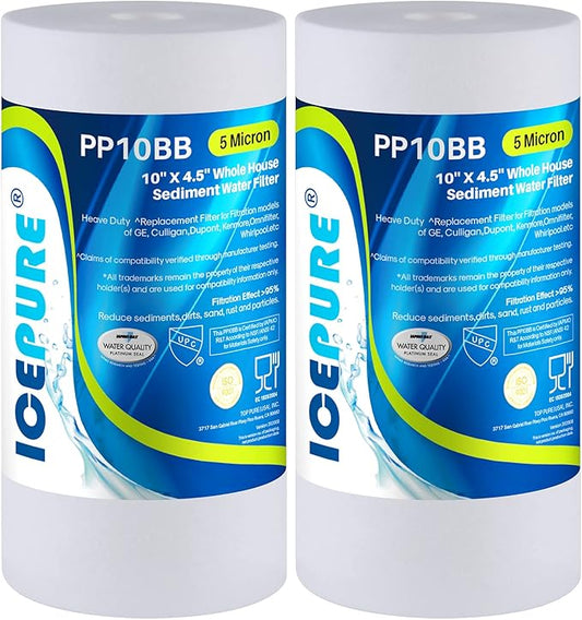 ICEPURE Whole House Sediment Water Filter 5 Micron 10" x 4.5" Compatible with Culligan RFC-BBSA, W15-PR, HD-950, WFHD13001B, GXWH35F, GXWH30C, 3M Aqua-Pure AP817, Whirlpool WHKF-GD25BB, PP10BB 2PACK
