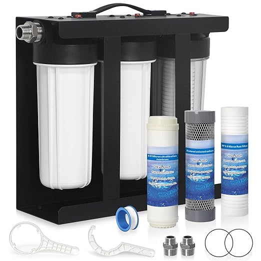 RV Water Filter System, 3-Stage 0.01 Micron Ultrafiltration Water Filtration System, High Capacity, Filters Out Sediments, Chlorine, Vocs, Heavy Metals, Odors