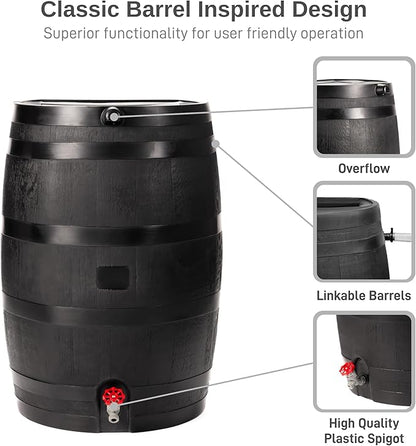 RTS Home Accents 50-Gallon ECO Rain Barrel Made with 100% Recycled Plastic, Flat Back Rain Water Collection Barrel, Soaker Hose Included, Black