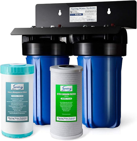 iSpring WGB21BM 2-Stage Whole House Water Filtration System, 10”x4.5” & Manganese Reducing Filters, 1" Ports & WSP-100 Reusable Whole House Spin Down Sediment Water Filter, 1" MNPT + 3/4" FNPT, Brass