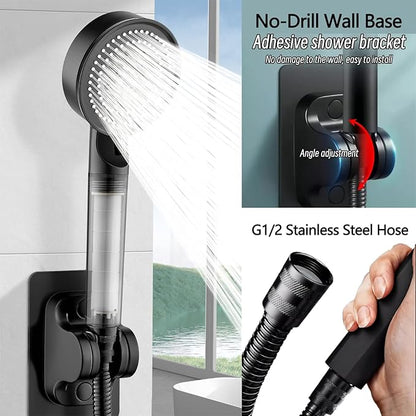 High Pressure Shower Head Black with Hose, 5-Spray Filtered Showerhead with No-Drill Holder, Water Softener Beads & ON/OFF Switch for Daily & Pet Care, Removes Chlorine, Softens Hard Water