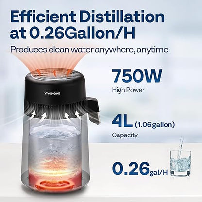 VIVOHOME Water Distiller Countertop 1.06 Gallon/4L 750W Distilled Water Machine with Smart Switch Purifier Filter for Home Office, Black