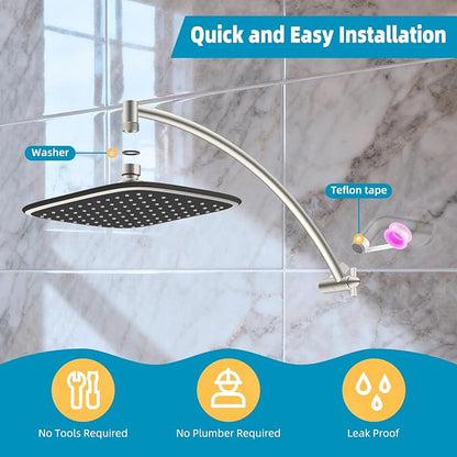 Rain Shower Head with 16" Shower Head Extension Arm, 10" High Pressure Boosting Rainfall/Fixed Showerhead, Metal Shower Head Extender Adjustable Height/Angle, 1-Min Installation, Brushed Nickel