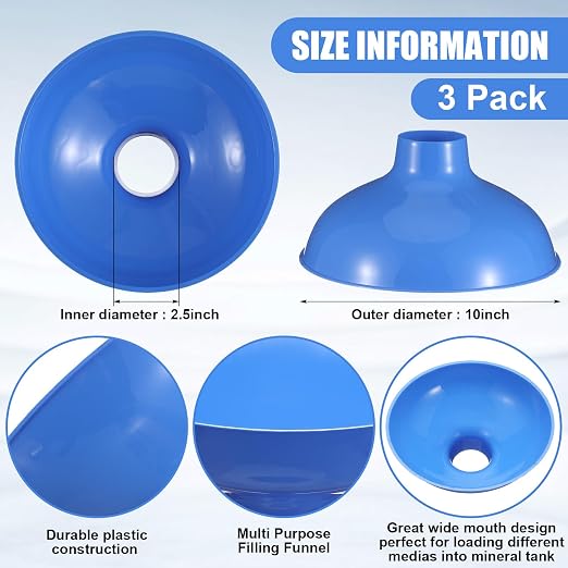 Vesici Extra Large Wide Mouth Funnel 2.5" x 10" Multi Purpose Filling Funnel Plastic Reusable for Water Softener Resin Tanks Carbon Media Jar Filling Use(Blue,3 Pack)