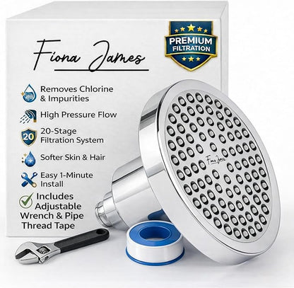 Filtered Shower Head for Hard Water – High Pressure Showerhead with 20-Stage Filter – Removes Chlorine & Heavy Metals – Improves Skin & Hair – Easy Install, Polished Chrome