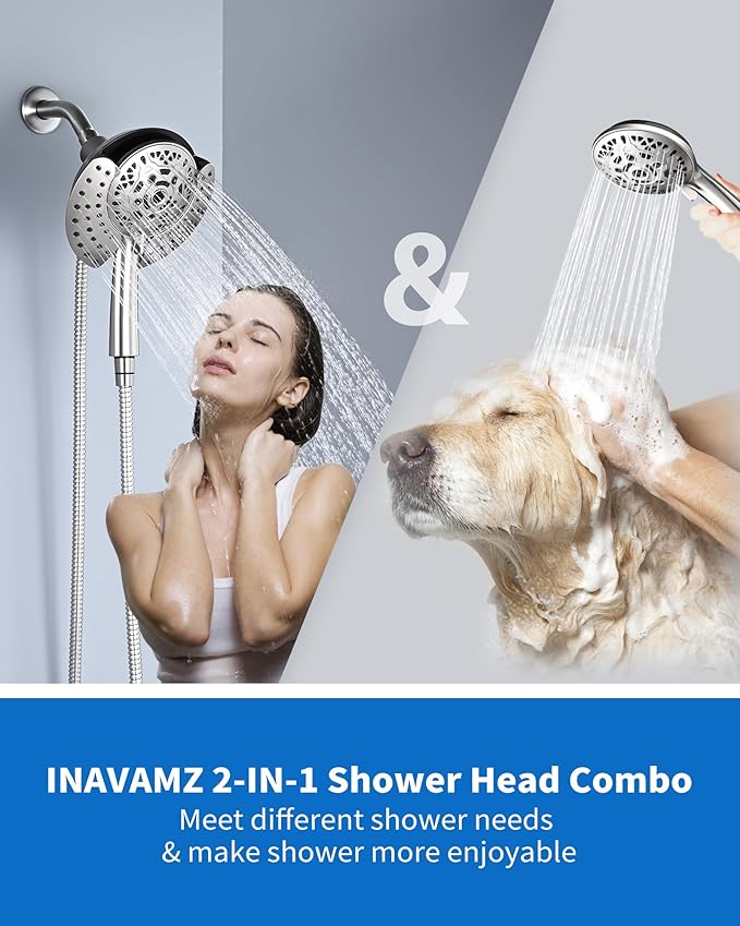 INAVAMZ Shower Heads with Handheld Spray Combo: 7.2" Rainfall Shower Head & Handheld Shower Head 2-IN-1 Shower Head with 60" Rotatable Stainless Steel Hose Nickel, Shower Trim Systems